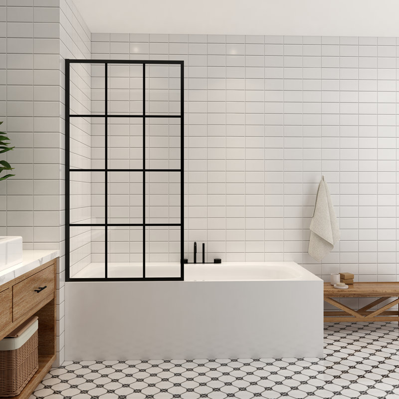 Puente 34" W x 58" H Bathtub Screen Glass Shower Door Tempered Glass Shower Panel in Matte Black