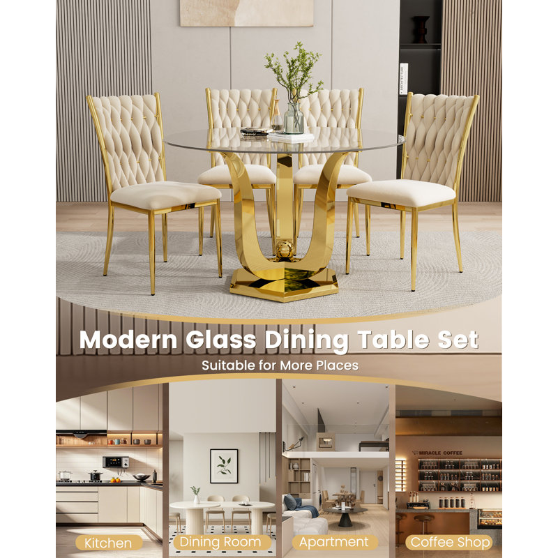38.9" Round Glass Dining Table Set For 4, Modern Dining Table With Gold Stainless Steel Base & 4 Velvet Upholstered Chairs, 5 Piece Kitchen Set For Dining Room