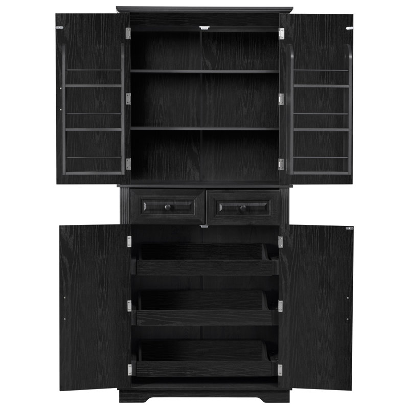 71" Tall Kitchen Pantry Vintage Embossed Textured Storage Cabinet with 2 Drawers, Freestanding Dining Hutch Cupboard, Black