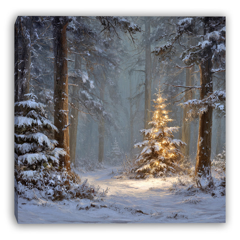 Sapin de forêt avec lumières d'hiver sur toile tendue, H 20 po x l 20 po