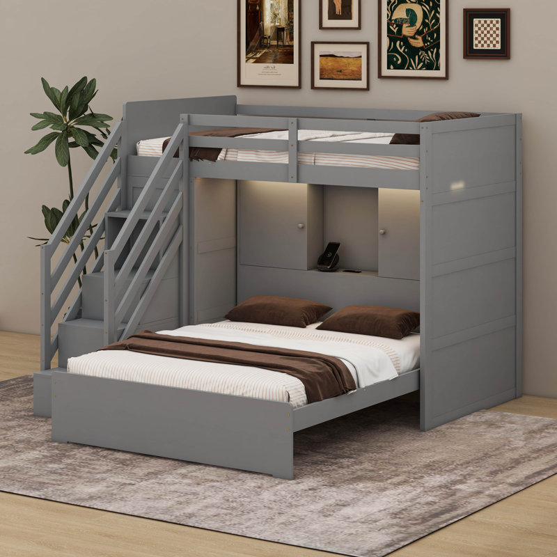 Twin Over Full Bunk Bed With Charging Station And LED Lights, Solid Wood Bunk Bed With Shelves,Stairs And Wardrobe, Gray