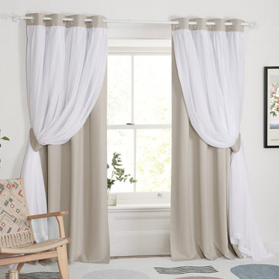  Double Layer Curtain Set with Sheer Overlay, Blackout and Noise Reducing for Kids' Room and Living Room, Grommets & 4 Tie Backs, 2 Panels