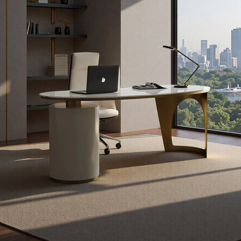 Bureau d'ordinateur simple et moderne, H 28,74 po x l 55,12 po x P 27,56 po, Blanc / Doré