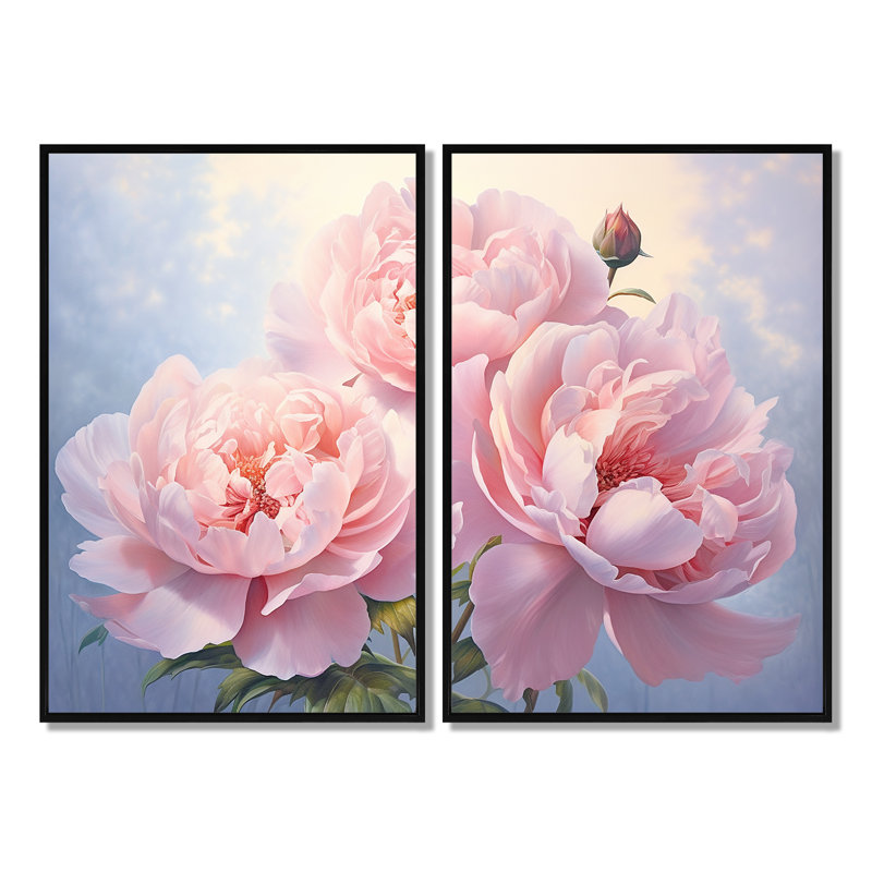 «Pink Peony Perfection II», art mural sur toile rose, 36" H x 48" W, Impression encadrée flottante, Black