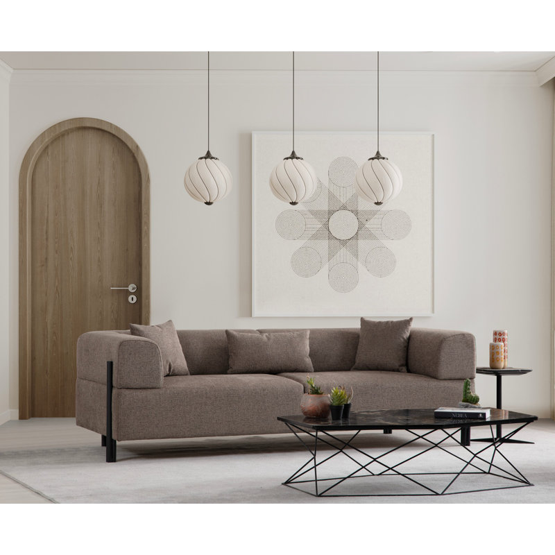 Canapé moderne 3 places Mehruddin, tissu brun, 88,6 po x 36,6 po x 29,5 po | Structure robuste en bois de hêtre et en carton, 100% polyester, nettoyage à sec | Coussins de dossier en mousse et en silicone gris doux | Pieds élégants en métal noir pour les salons contemporains