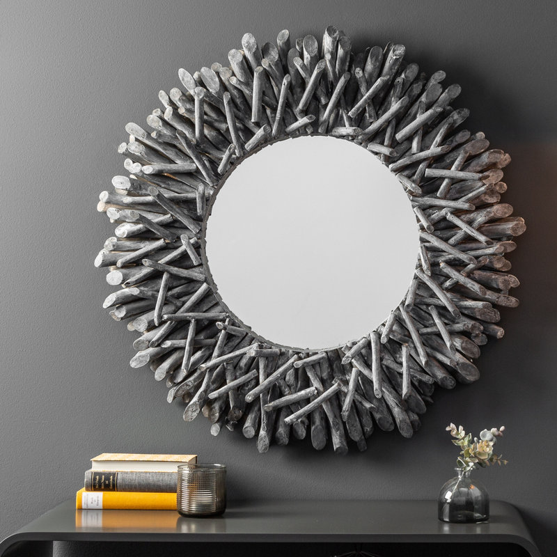 Deherrera Wood Sunburst Wall Mirror, Grey