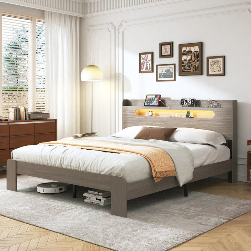 Structure de lit plateforme en bois avec rangement, tête de lit à DEL, 2 ports USB et assemblage facile, sans bruit et sans sommier