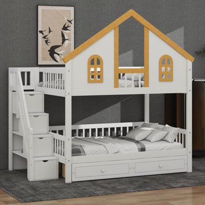Lit superposé en bois avec escalier de rangement et 2 tiroirs, toit amusant et fenêtres pour un jeu imaginatif