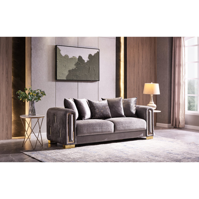 Salon moderne argenté 2 pièces, sièges en velours, décor doré sur les sièges et le dossier, ameublement durable avec accents, bois de bouleau pour une construction solide