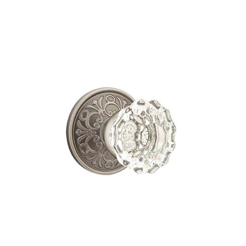 Ensemble de boutons de passage Emtek avec rosette Lancaster et bouton en verre Astoria, Étain