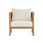 Fauteuil club d'extérieur avec structure en bois d'acacia d'aspect teck, panneaux de corde beige et coussins crème