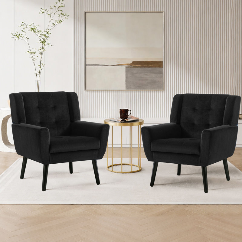 Ensemble de 2 fauteuils capitonnés rembourrés à dossier large, Velours noir