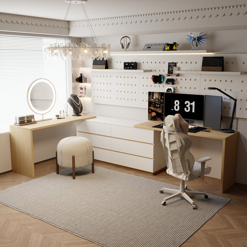 Modern Home Office Desk Extendable 2 Person Computer Desk Up To 144'' With 6 Storage Drawers, Oak/Ivory