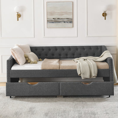 Twin Size Daybed With Drawers Upholstered Tufted Sofa Bed, With Button On Back And Copper Nail