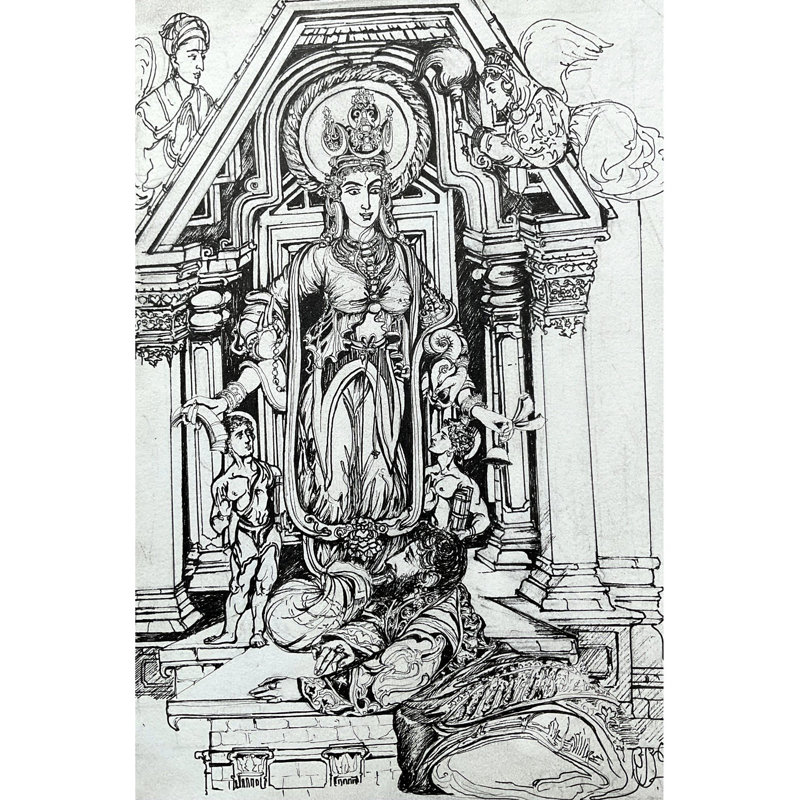 Kashmirmandala Vasini Saraswati | Croquis à l'encre | Anuj Shastrakar