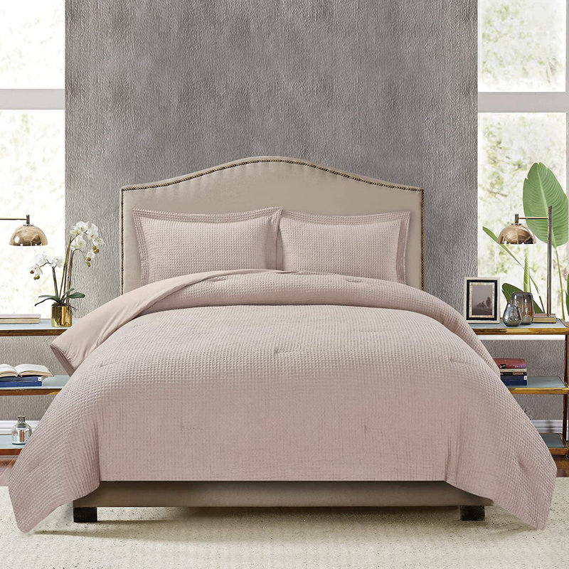 Wilmer Waffle Weave Textured Comforter Set, Twin Comforter + 1 Standard Sham, Ivory Cream
