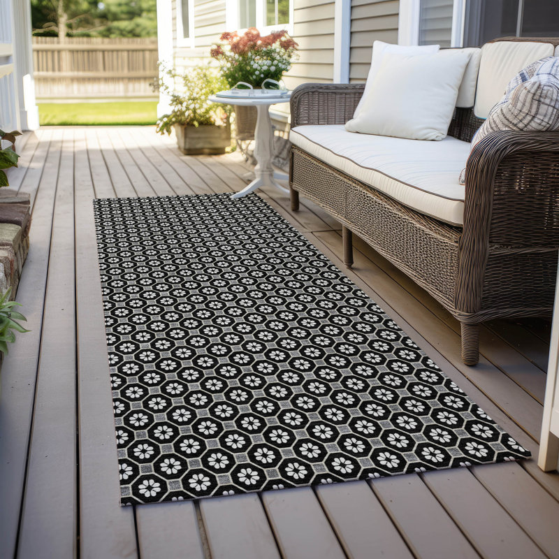 Machine Washable Indoor/Outdoor Christain ACN1429 Black Rug, Runner 2'3" x 7'6"