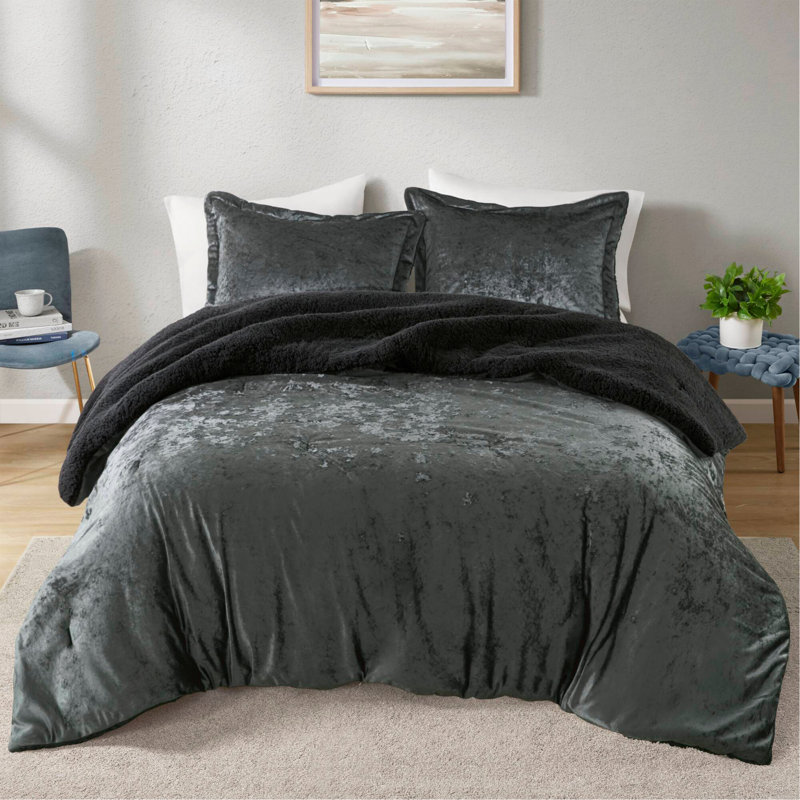 Ensemble d'édredon réversible en sherpa 3 pièces, Gris anthracite, Édredon double et 2 taies décoratives