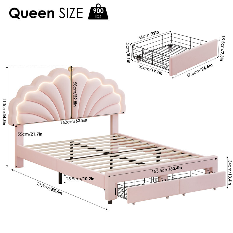 Upholstered Kids LED Bed Frame with Storage Drawers, Princess Platform Bed with Adjustable Headboard, Queen, Pink