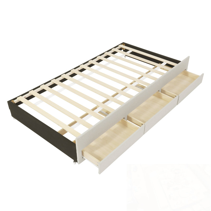 Lit plateforme simple tapissier avec lit gigogne et 3 tiroirs, Beige