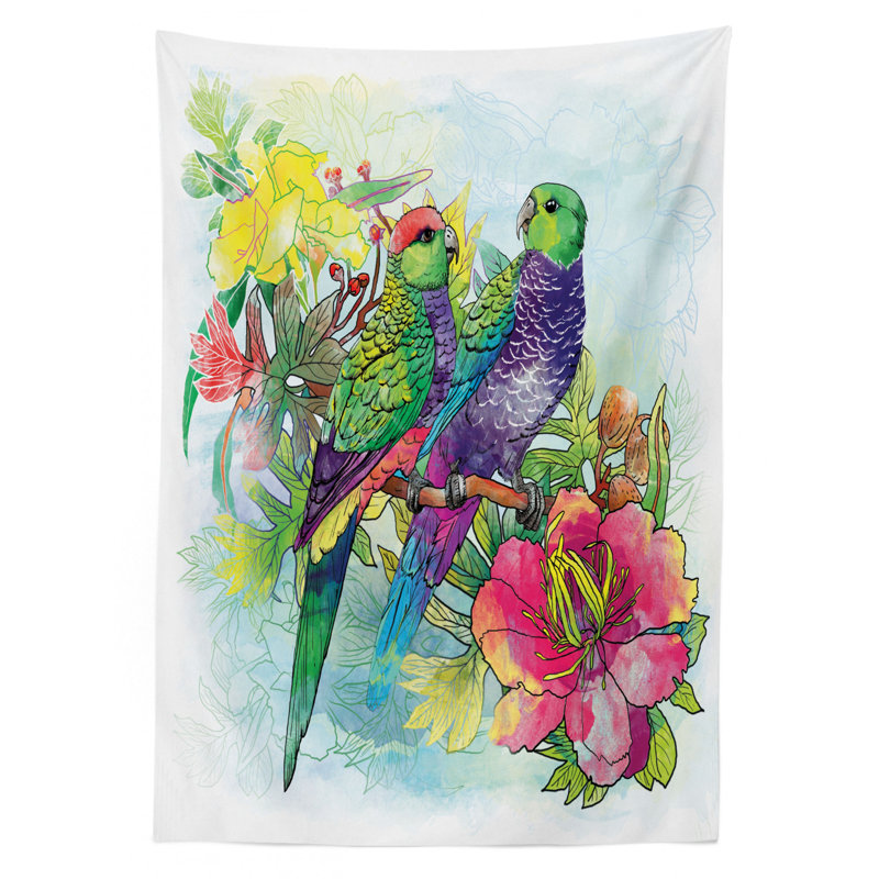 Multicolore, nappe perroquet, fleurs fanées et perroquets amoureux, 70 po x 52 po