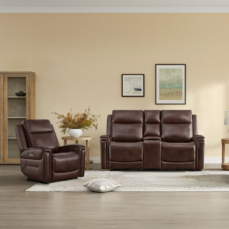 Super Zero-Gravity Genuine Leather Dual Motor 2PC Power Sofa With Power Headrest & Multi-Function Console, Cognac