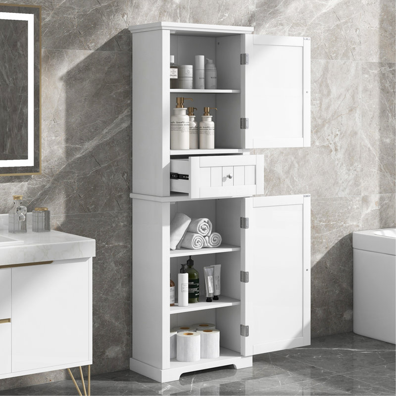 Tall Bathroom Storage Cabinet, Freestanding Storage Cabinet With Drawer And Adjustable Shelf, MDF Board With Painted Finish, White