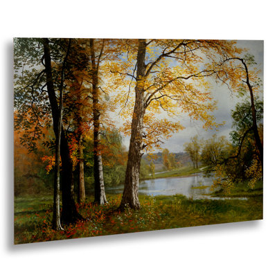 "a quiet lake" par albert bierstadt,, reproduction d’art sur métal