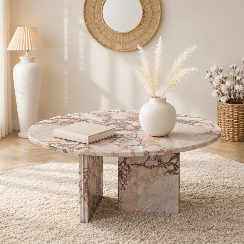 Table basse de luxe en marbre naturel rose, petite table de salon avec surface polie, pierre véritable