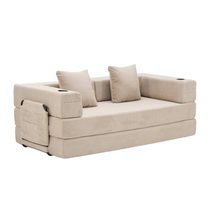 Convertible Sofa Bed - Foldable Upholstered Couch with Cupholders & Storage Pockets- Modular Sectional for Living Room, Bedroom, Studio - Compression Sofa in Box