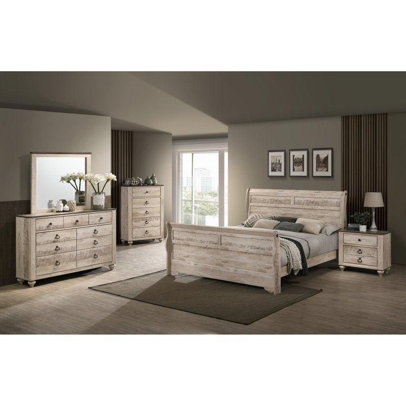 Ensemble de chambre à coucher avec lit-bateau, commode, miroir, table de chevet, commode Imerland, Très grand lit
