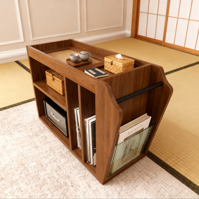 Slim Side Table With Locking Wheels & 6 Storage Compartments, Multifunctional End Table With Removable Tray For Living Room, Sofa, Or Bedroom