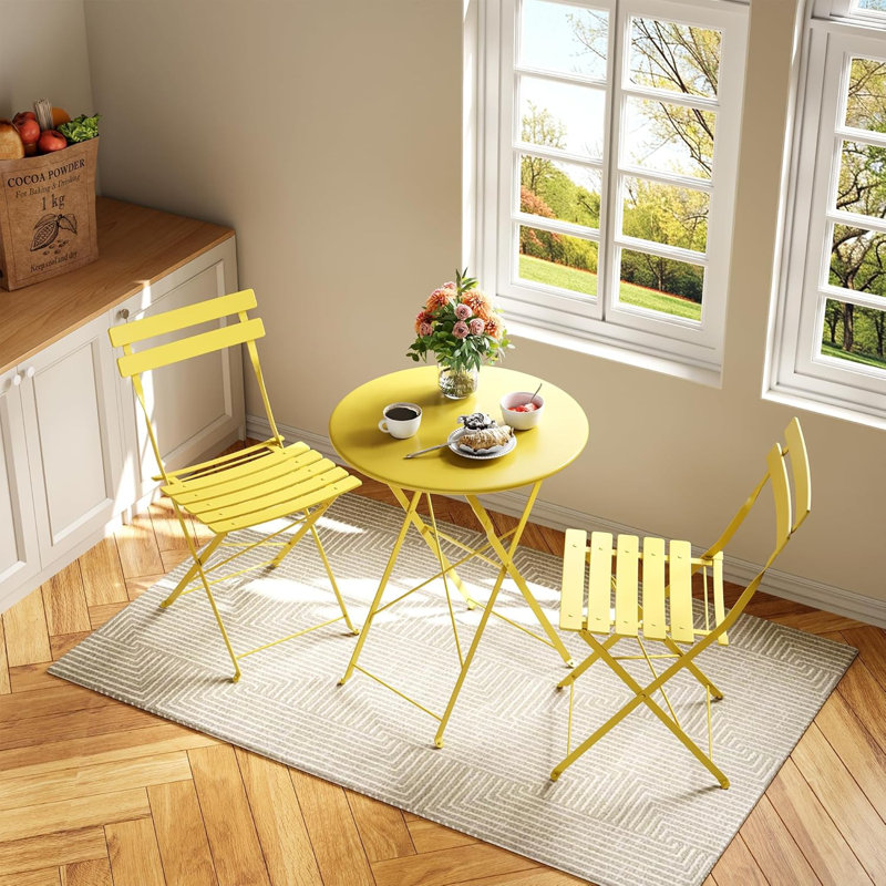Ensemble bistro 3 pièces, table et chaises à structure en acier, mobilier de patio peu encombrant, jaune, Jaune