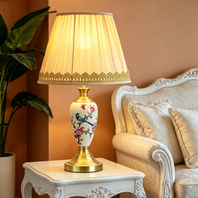 Lampe de table en céramique 22,8 po avec motif floral et base en métal doré, lampe de chevet traditionnelle pour chambre