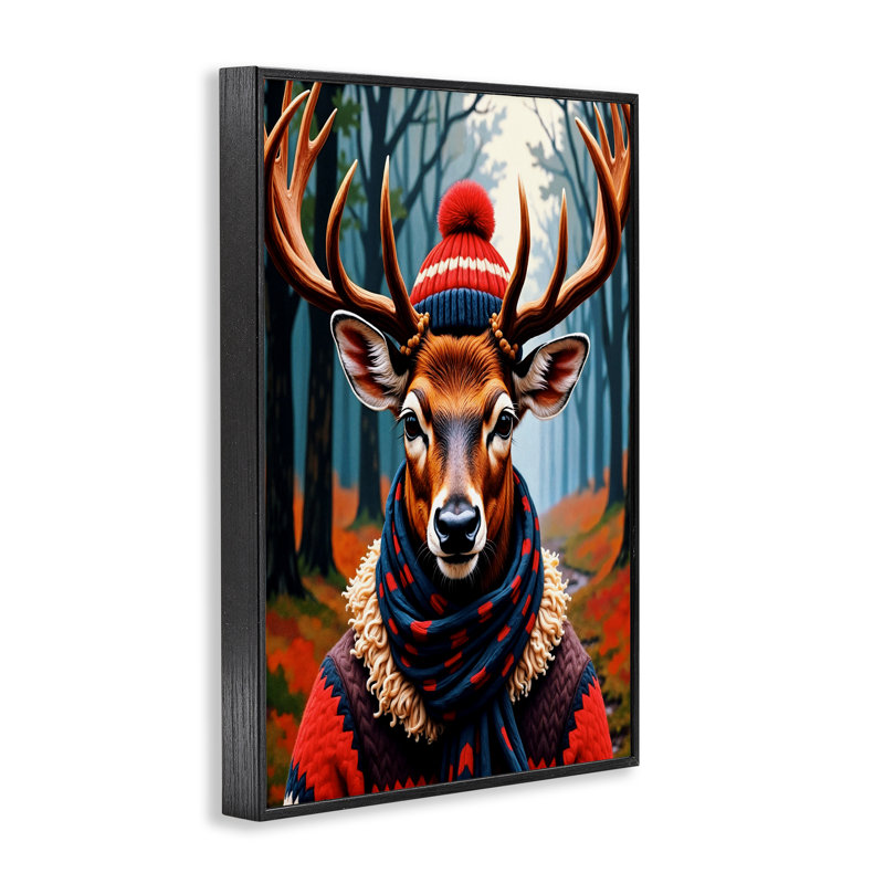 Écharpe d'hiver cerf en laine avec giclée, design par Karen Smith, H 18 po x l 12 po, Giclée encadrée noir minuit