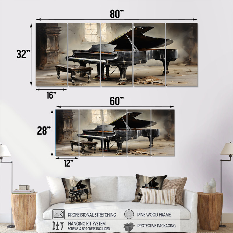 Minimalisme, piano à queue, mélodie II, ensemble de 5 pièces d'art mural, H 32 po x l 80 po
