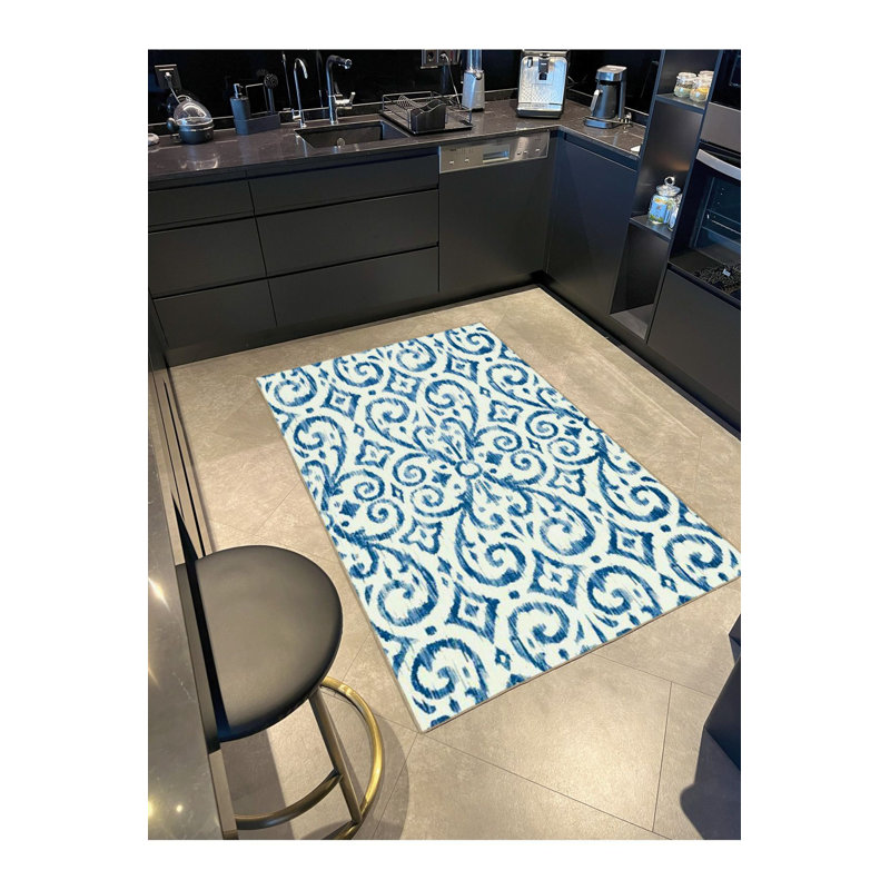 Modern Blue Creative Patterned Woven Base Washable Rug, Round 4'11" Rug Pad Included