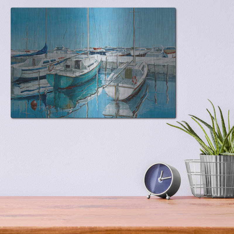 Art mural en métal Breakwater Bay «Anchored Bateaux On Pier» par Max Maxx, H 12 po x l 16 po