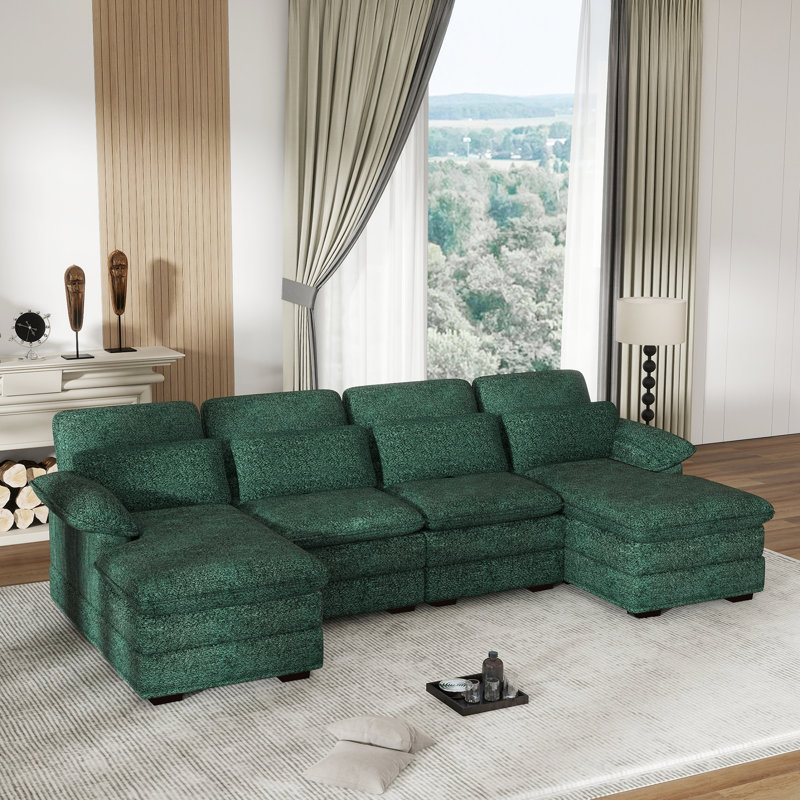 Balendin 111.8'' Soft U-Shape Sectional Couch Upholstered Sofa, Comfy Modular Cloud Couch, Green Chenille