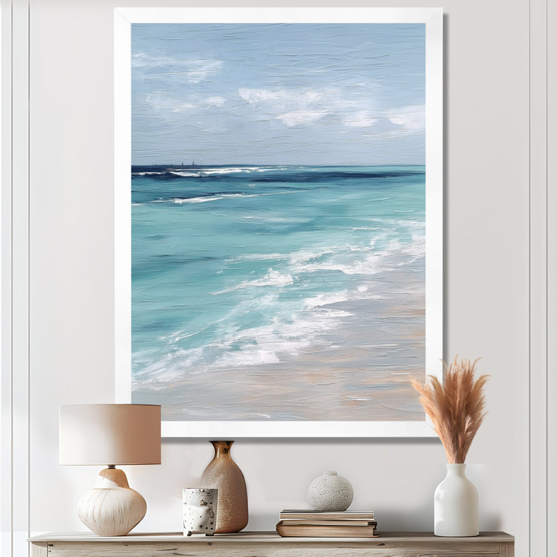 «Blue and White Coastal Beach Wonder», art mural sur toile, encadré blanc, H 32 po x l 24 po, Cadre flottant, Blanc