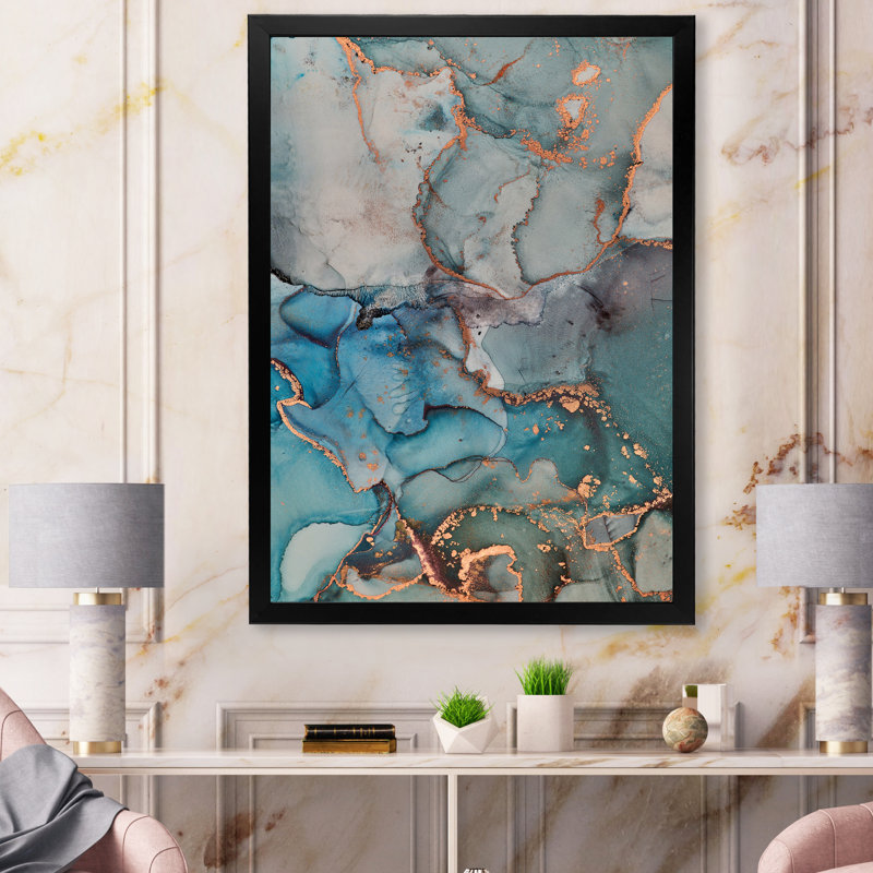 Bleu doré infusé liquide II - peinture sur toile, H 32 po x l 16 po, Cadre d'angle fermé noir