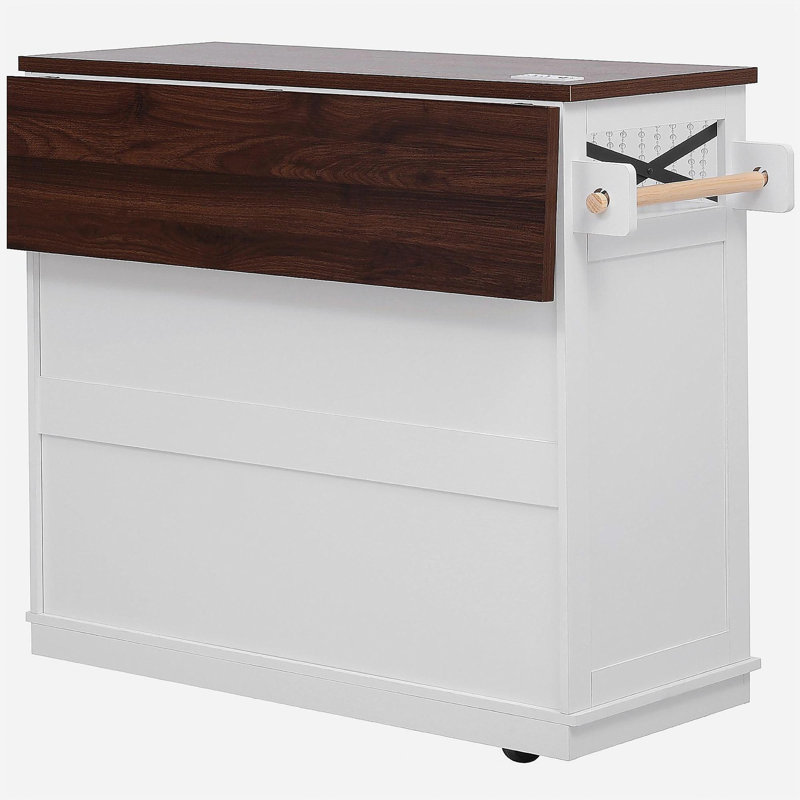K&K 46.5'' Farmhouse Kitchen Island with Drape of Beads, Power Outlet, Rolling Kitchen Cart on Wheels with Drop Leaf, 3 Doors , 3 Drawers and Internal Iron Shelf, for Kitchen, Dining Room, White