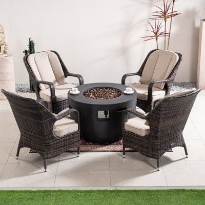 Outdoor Fire Pit Seating Set: 4 Aluminum Frame Wicker Armchairs & 50K BTU Composite Table For Garden & Backyard