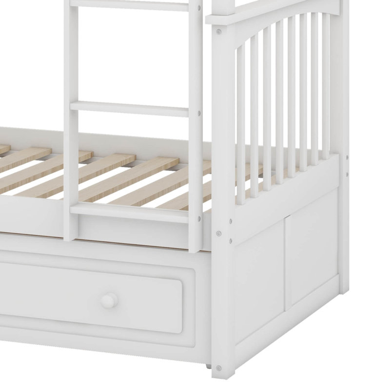 Lit superposé en bois avec tiroirs et échelles, Simple sur simple, Blanc