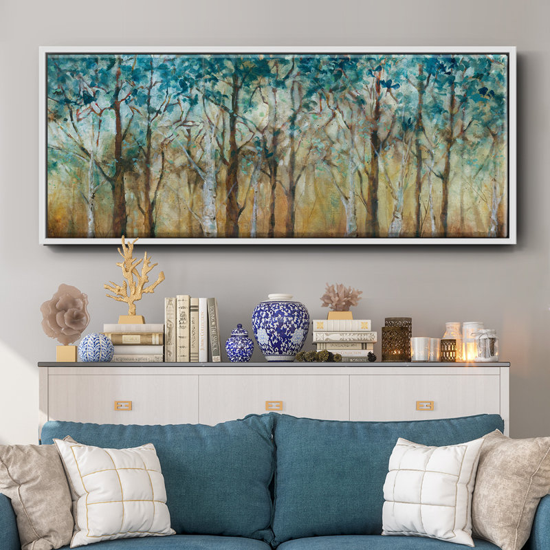 Sunlit Birch Grove- Framed Canvas, 8" H x 20" W