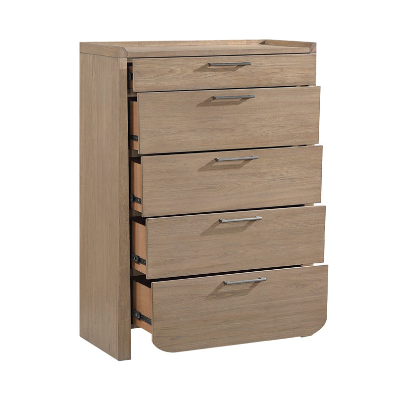 Commode moderne en bois brun clair à 5 tiroirs, avec assemblage à queue d'aronde et glissières à billes.