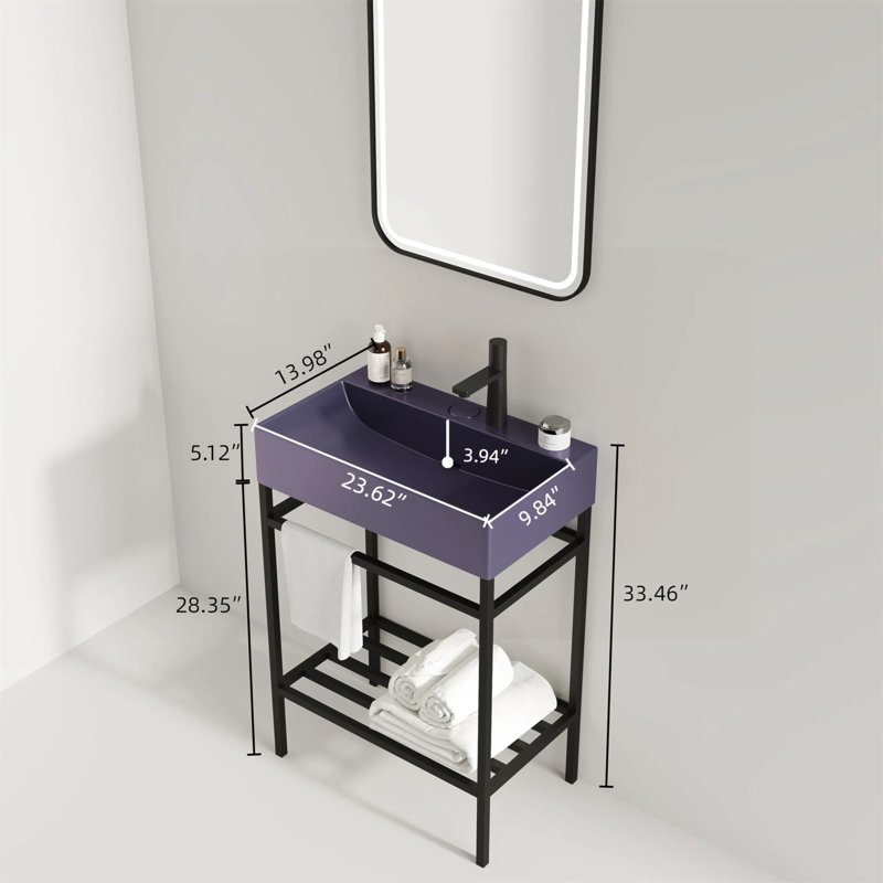 24" Bathroom Vanity With Ceramic Basin, Freestanding Bathroom Console Sink Set, Glossy Purple Rectangular Ceramic Basin Without Faucet, Open Metal Leg, Storage Shelves