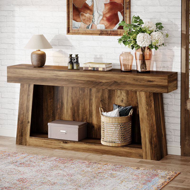 63-Inch Rustic Brown Wooden Console Table with Storage