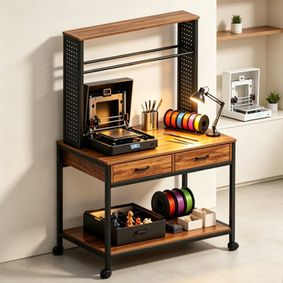 3D Printer Table with Filament Storage,3D Printer Stand with Charging Station & Pegboard,Heavy Duty Rolling Printer Desk with Wheels for Workshop,Office,Garage,Studio (Brown)