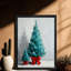 Reproduction encadrée noire rétro d'un arbre de Noël bleu avec un nœud papillon rouge-333434549